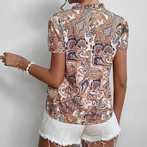Boho Paisley Floral Print Notched Neck Top Blouse - Picture 2 of 10
